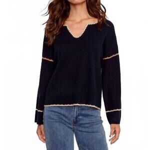 NEW CHARLIE B notched neck rib embroidered sweater in navy